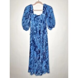 Ganni Georgette Dress Pleated Blue Midi Square Neck Puff Sleeve New Size Small